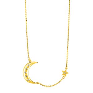 14k Yellow Gold Necklace with Moon and Star with Diamonds