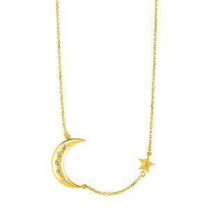 14k Yellow Gold Necklace with Moon and Star with Diamonds