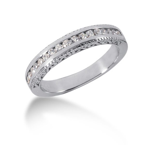 14k White Gold Vintage Style Engraved Diamond Channel Set Wedding Ring Band