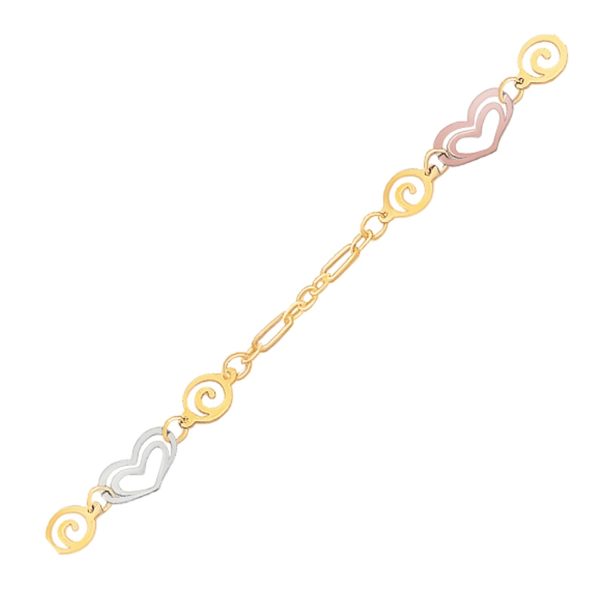 14k Tri-Color Gold Anklet with Multi Color Heart Stations