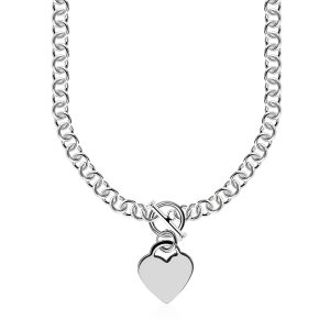 Sterling Silver Rolo Chain with a Heart Toggle Charm and Rhodium Plating