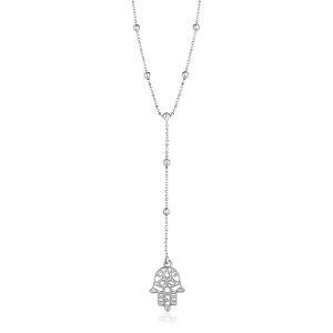 Sterling Silver Lariat Necklace with Hand of Hamsa Symbol