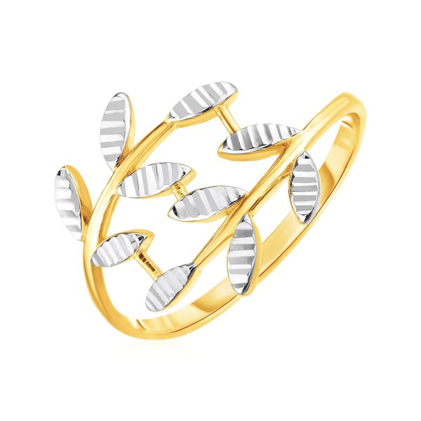 14k Two Tone Gold Crossover Ring with Textured Leaves