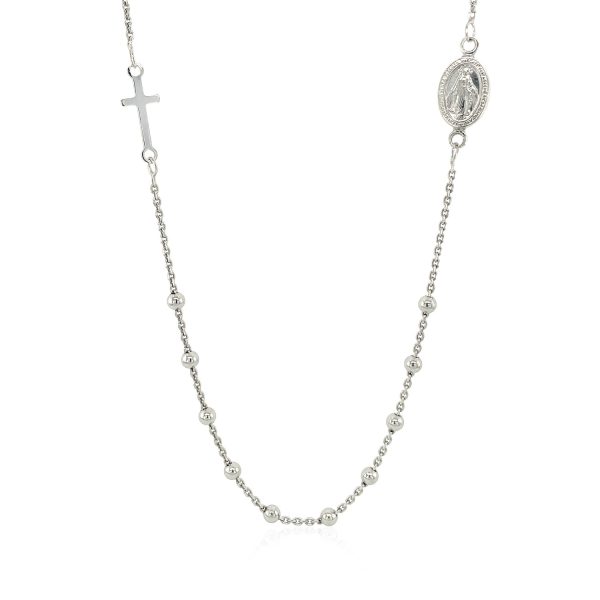 Sterling Silver 20 inch Beaded Chain Necklace with Cross and Religious Medal