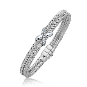 Diamond Accented X Station Weave Bangle in 14k White Gold (.17 cttw)