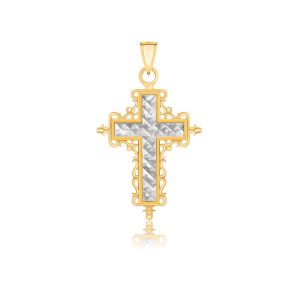 14k Two-Tone Gold Diamond Cut and Baroque Inspired Cross Pendant