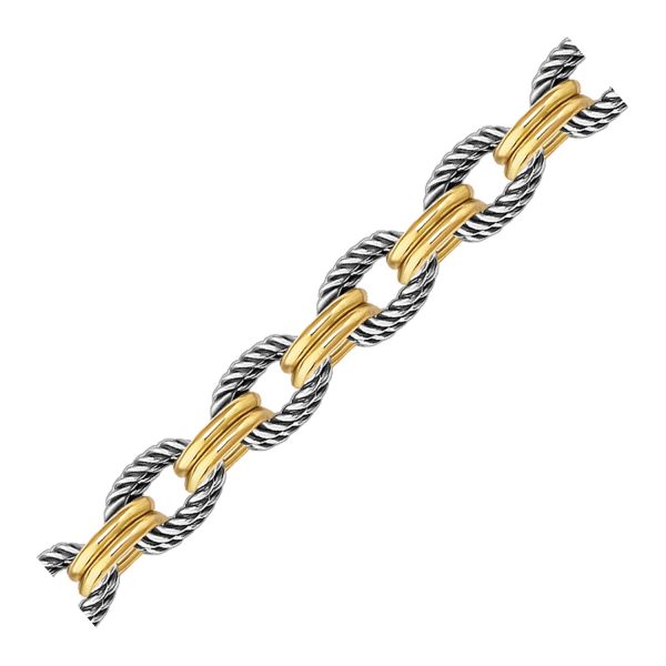 18k Yellow Gold and Sterling Silver Dual Polished and Cable Style Chain Bracelet
