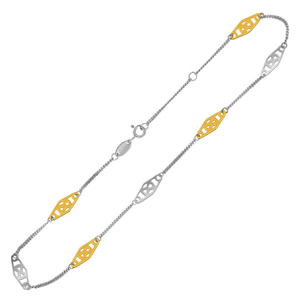 14k Yellow Gold and Sterling Silver Anklet with Rounded Diamond Shape Stations