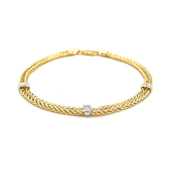 14k Two-Tone Gold Dual Wheat Chain Bracelet with Diamond Stations (.02 cttw)