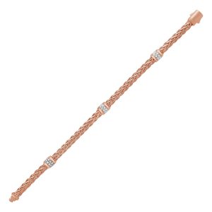Polished Woven Rope Bracelet with Diamond Accents in 14k Rose Gold
