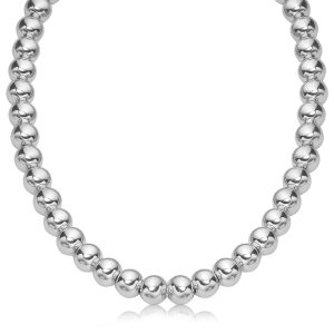 Sterling Silver Polished Bead Necklace with Rhodium Plating (10mm)