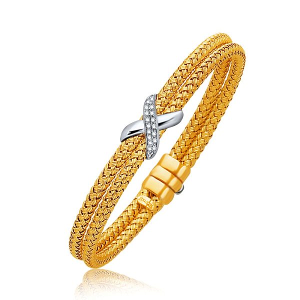 Basket Weave Bangle with Diamond Cross Accent in 14k Tone Gold (7.0mm)