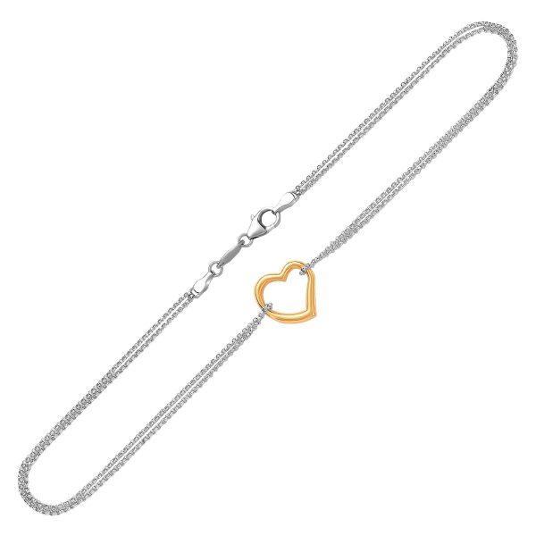 14k Yellow Gold and Sterling Silver Anklet with a Single Open Heart Station