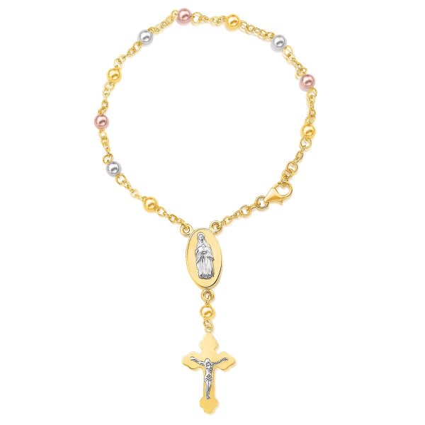 14k Tri-Color Gold Rosary Style Bracelet