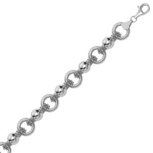 Sterling Silver Multi Strand Bead Chain Bracelet with Rings and Rhodium Plating