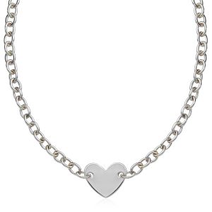 Sterling Silver Rhodium Plated Chain Bracelet with a Flat Heart Motif Station