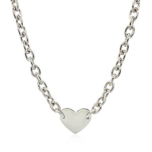 Sterling Silver Rhodium Plated Chain Bracelet with a Flat Heart Motif Station