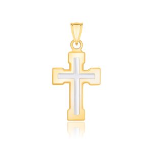 14k Two-Tone Gold Dual Cross Design Pendant with Block Ends