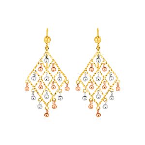 Textured Chandelier Earrings with Ball Drops in 14k Tri Color Gold