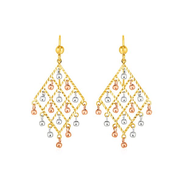 Textured Chandelier Earrings with Ball Drops in 14k Tri Color Gold