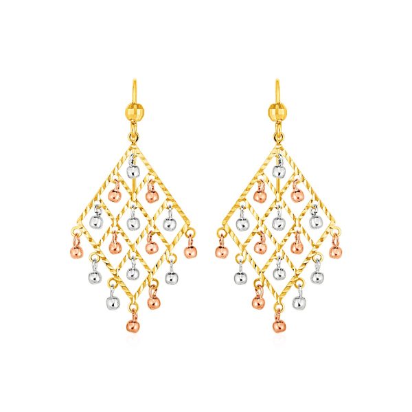 Textured Chandelier Earrings with Ball Drops in 14k Tri Color Gold