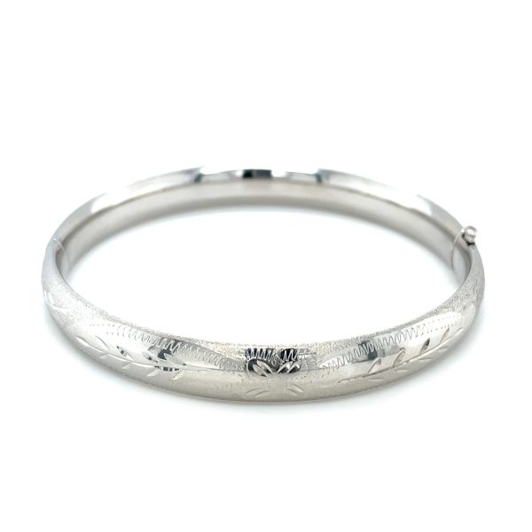 Classic Floral Carved Bangle in 14k White Gold (8.0mm)
