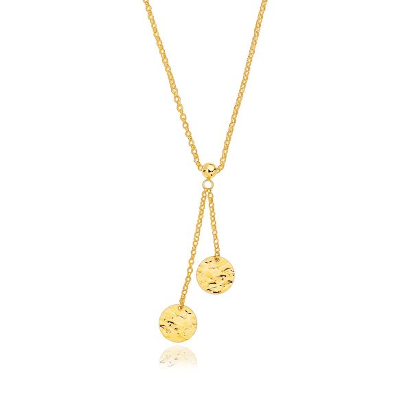 14k Yellow Gold Hammered Disc Lariat 17'' Necklace