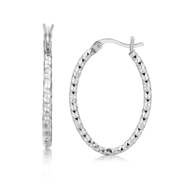 Sterling Silver Rhodium Plated Textured Diamond Cut Oval Hoop Earrings