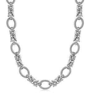 Sterling Silver Rhodium Plated Knot Style and Textured Oval Chain Necklace