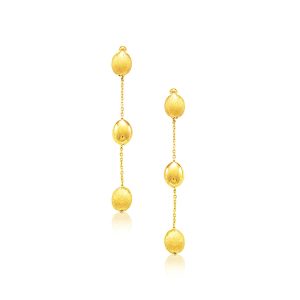 14k Yellow Gold Textured and Shiny Pebble Dangling Earrings