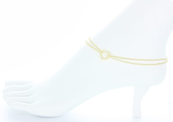14k Yellow Gold Double Rolo Chain Anklet with an Open Heart Station