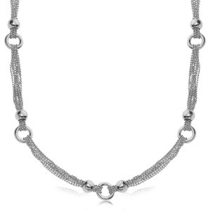 Sterling Silver Rhodium Plated Multi Strand Bead Chain Necklace with Ring Motifs