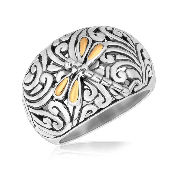 18k Yellow Gold and Sterling Silver Dragonfly Accented Domed Style Ring