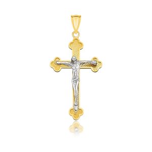 14k Two-Tone Gold Small Budded Style Cross with Figure Pendant
