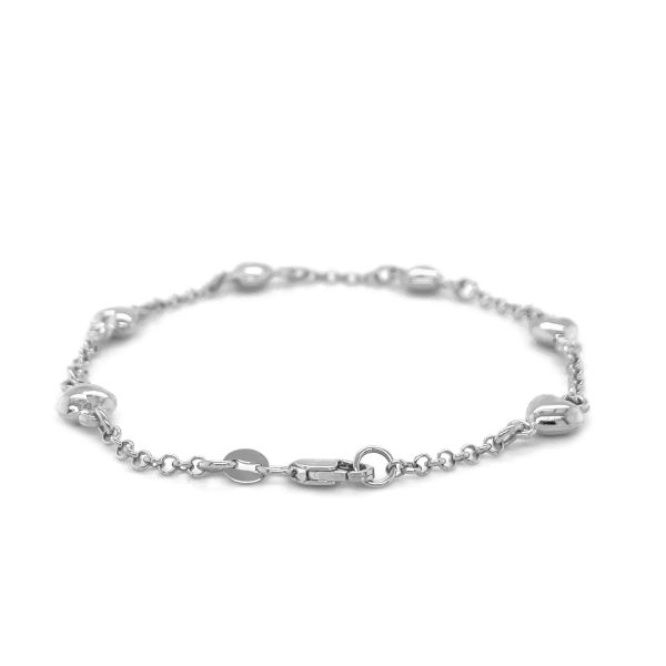 14k White Gold Rolo Chain Bracelet with Puffed Heart Stations