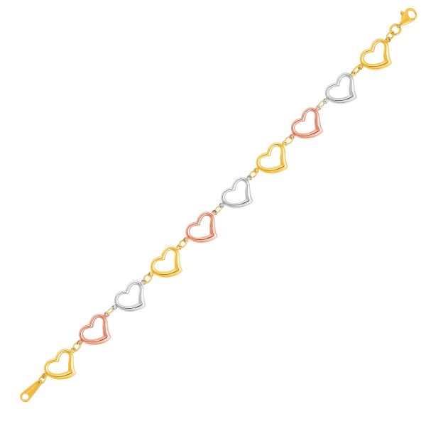 14k Three-Toned Yellow White and Rose Gold Open Heart Bracelet
