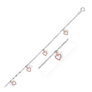 14k White and Rose Gold Anklet with Dual Heart Charms