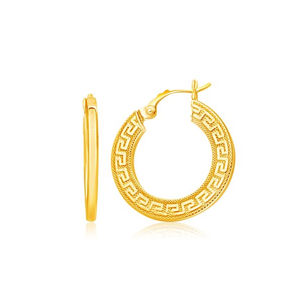 14k Yellow Gold Greek Key Medium Hoop Earrings with Flat Sides