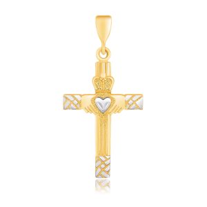 14k Two-Tone Gold Cross Pendant with a Claddagh Motif