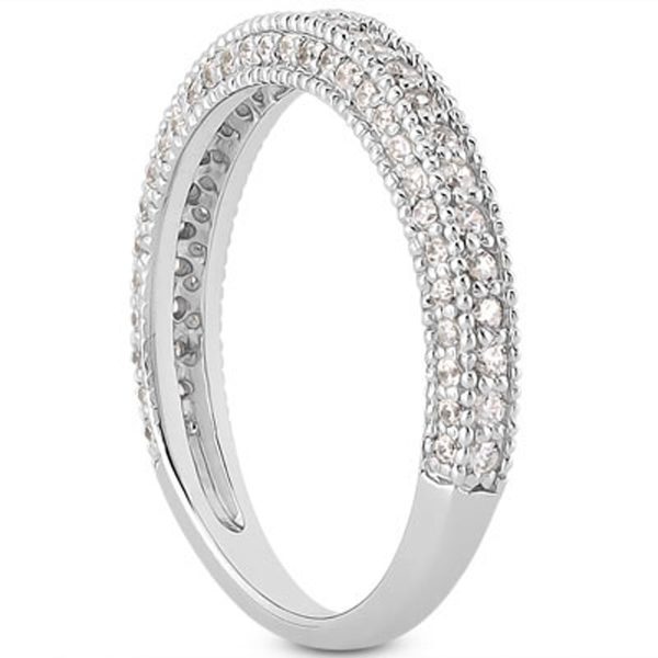 14k White Gold Fancy Pave Diamond Milgrain Textured Wedding Ring Band