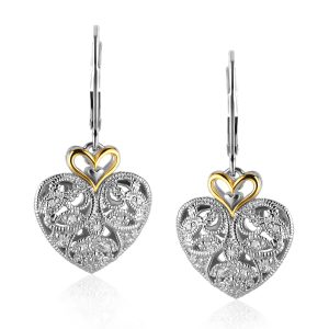 14k Yellow Gold and Sterling Silver Intricate Filigree Heart Drop Earrings