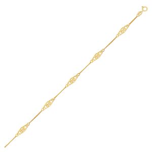 14k Yellow Gold Anklet with Fancy Diamond Shape Filigree Stations