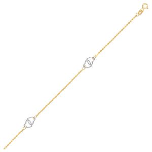 14k Two Tone Gold Entwined Heart Stationed Anklet