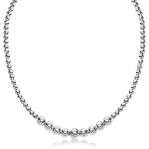 Sterling Silver Rhodium Plated Graduated Motif Polished Bead Necklace