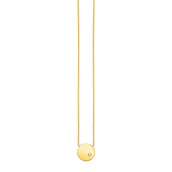 14k Yellow Gold Necklace with Polished Round Pendant with Diamond