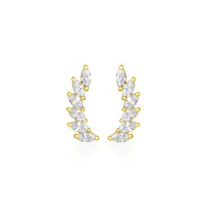 14k Yellow Gold Leaf Motif Climber Post Earrings with Marquise Cubic Zirconias