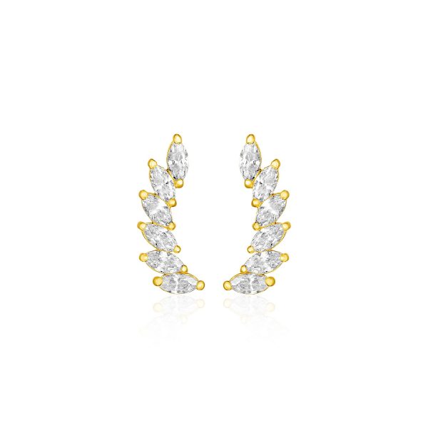 14k Yellow Gold Leaf Motif Climber Post Earrings with Marquise Cubic Zirconias