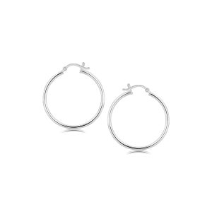 Sterling Silver Thin Polished Hoop Style Earrings with Rhodium Plating (30mm)