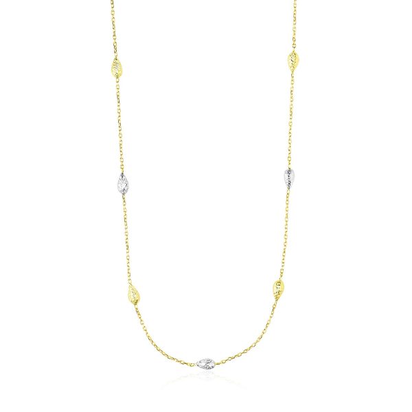 14k Two-Tone Gold Puffed Diamond Cut Teardrop Station Chain Necklace