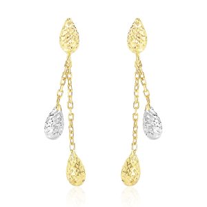 14k Two-Tone Gold Double Row Chain Earrings with Diamond Cut Teardrops